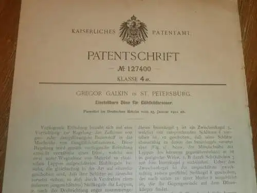 original Patent - Gregor Galkin in St. Petersburg / Russland , 25.01.1901 , Glühlichtbrenner , Glühlampe , Gas !!!