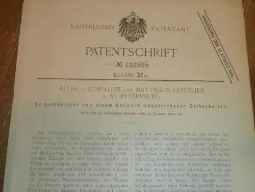 original Patent - Peter von Kowaleff und Matthäus Gottlieb in St. Petersburg / Russland , 23.01.1901 , Uhrwerk !!!