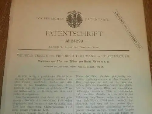 original Patent - Wilhelm Treeck und Friedrich Teichmann in St. Petersburg / Russland , 24.01.1883 , Ofen für Draht !!!