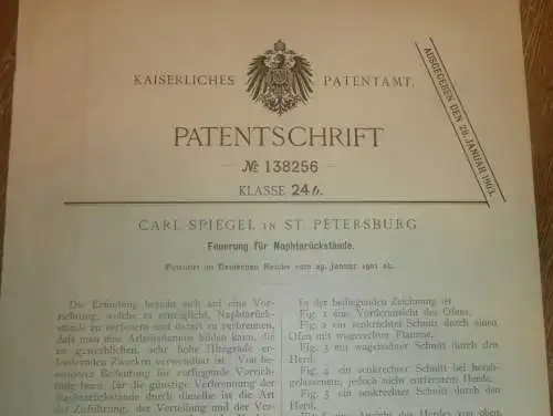 original Patent - Carl Spiegel in St. Petersburg / Russland , 29.01.1901 , Apparat für Naphta !!!