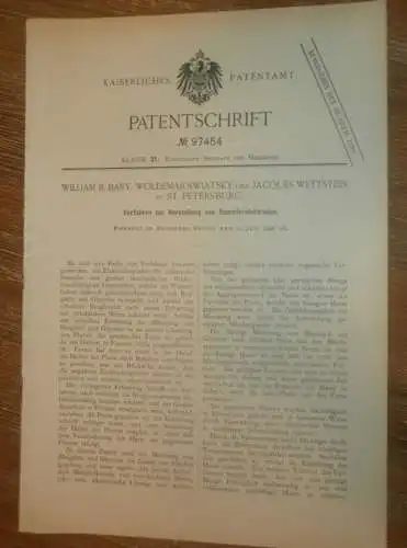 original Patent - Wiliam B. Bary , W. Swiatsky und J. Wettstein in St. Petersburg / Russland , 2.07.1897 , Elektroden !!