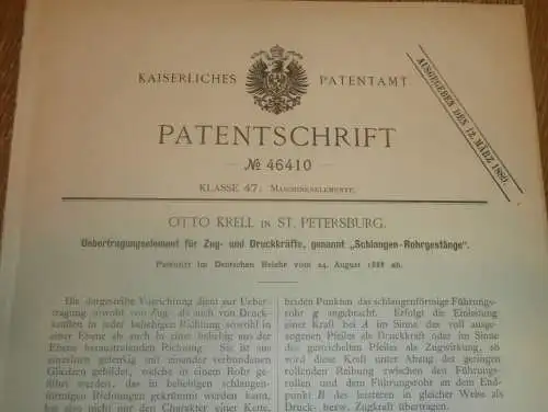 original Patent - Otto Krell in St. Petersburg / Russland , 24.08.1888 , Schlangen-Rohrgestänge , Maschinenbau !!