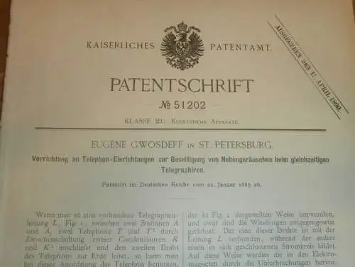 original Patent - Eugene Gwosdeff in St. Petersburg / Russland , 22.01.1889 , Tepegraphie , telegraphy , Telephon !