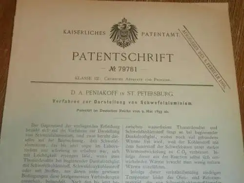 original Patent - D.A. Peniakoff in St. Petersburg / Russland , 9.05.1893 , Schwefelaluminium , Chemie , Labor !!