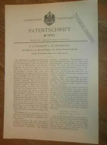 original Patent - D.A. Peniakoff in St. Petersburg / Russland , 9.05.1893 , Schwefelaluminium , Chemie , Labor !!