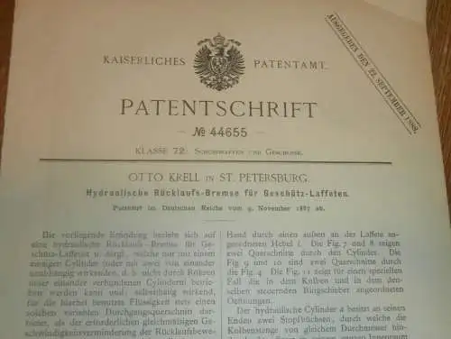 original Patent - Otto Krell in St. Petersburg / Russland , 9.11.1887 , Bremse für Geschütz , Kanone !!