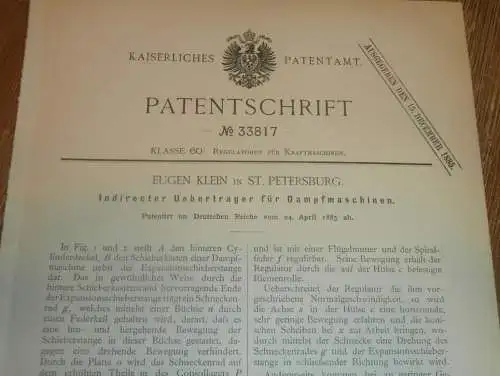 original Patent - Eugen Klein in St. Petersburg / Russland , 24.04.1885 , Dampfmaschine !!!