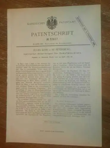 original Patent - Eugen Klein in St. Petersburg / Russland , 24.04.1885 , Dampfmaschine !!!