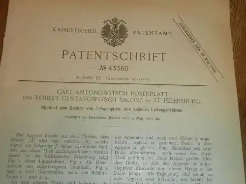 original Patent - Carl Rosenblatt und Robert Salomé in St. Petersburg / Russland , 4.05.1887 , Telegraphie , telegraphy