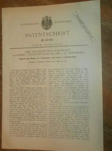 original Patent - Carl Rosenblatt und Robert Salomé in St. Petersburg / Russland , 4.05.1887 , Telegraphie , telegraphy