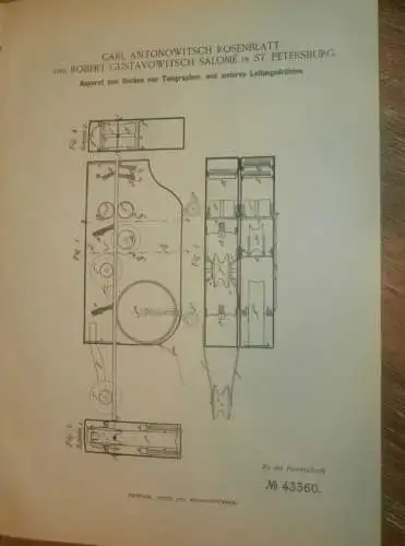 original Patent - Carl Rosenblatt und Robert Salomé in St. Petersburg / Russland , 4.05.1887 , Telegraphie , telegraphy