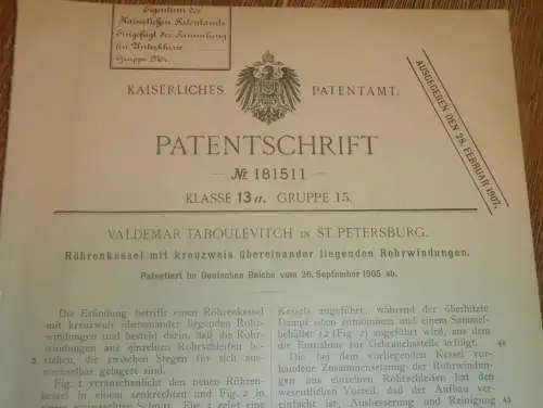 original Patent - Valdemar Taboulevitch in St. Petersburg / Russland , 26.09.1905 , Röhrenkessel , Dampfmaschine !!