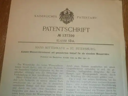 original Patent - Hans Mittermayr in St. Petersburg / Russland , 14.05.1901 , Wasserröhrenkessel , Dampfmaschine !!