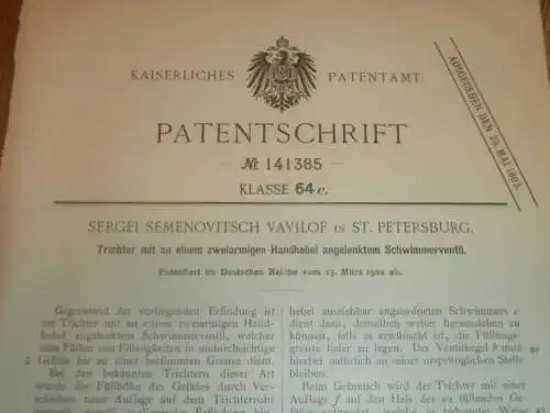 original Patent - Sergei Vavilof in St. Petersburg / Russland , 13.03.1902 , Trichter mit Schwimmerventil !!