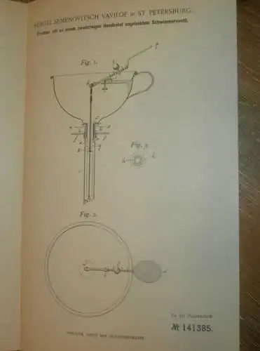 original Patent - Sergei Vavilof in St. Petersburg / Russland , 13.03.1902 , Trichter mit Schwimmerventil !!