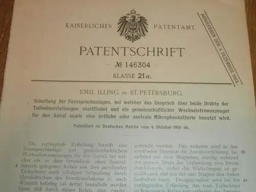 original Patent - Emil Illing in St. Petersburg / Russland , 4.10.1901 , Fernsprechanlage , Fernsprecher , Telephon  !!