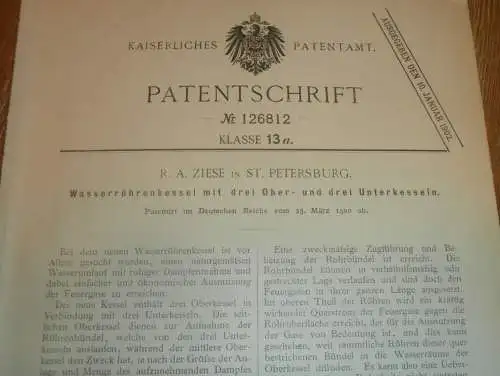 original Patent - R.A.Ziese in St. Petersburg / Russland , 23.03.1900 , Röhrenkessel , Dampfmaschine !!