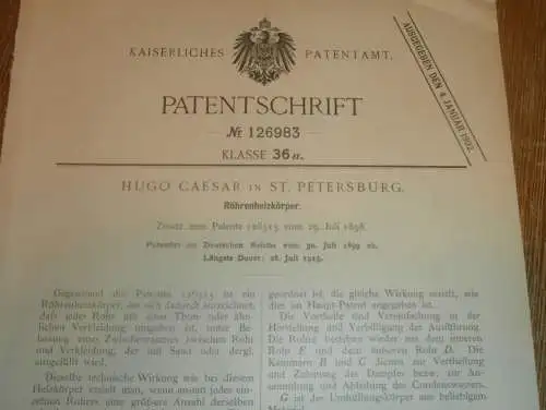 original Patent - Hugo Caesar in St. Petersburg / Russland , 30.07.1899 , Heizkörper , Heizungsbau , Heizung !!