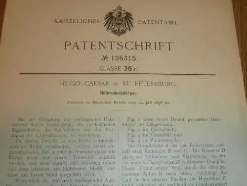 original Patent - Hugo Caesar in St. Petersburg / Russland , 29.07.1898 , Heizkörper , Heizungsbau , Heizung !!