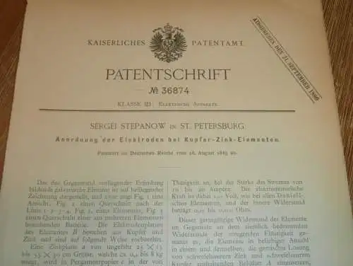 original Patent - Sergei Stepanow in St. Petersburg / Russland , 28.08.1885 , Galvanik , Zink , Elektrik !!