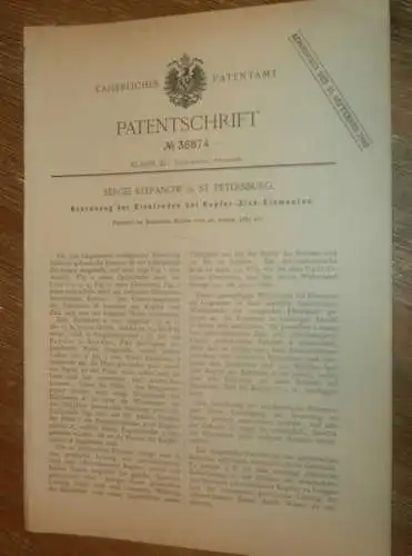 original Patent - Sergei Stepanow in St. Petersburg / Russland , 28.08.1885 , Galvanik , Zink , Elektrik !!