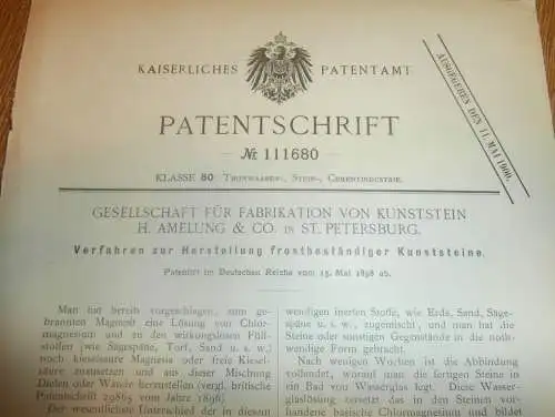 original Patent - H. Amelung & Co. in St. Petersburg / Russland , 15.05.1898 , Kunststein - Herstellung , Magnesit !!