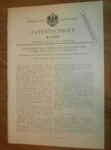 original Patent - H. Amelung & Co. in St. Petersburg / Russland , 15.05.1898 , Kunststein - Herstellung , Magnesit !!