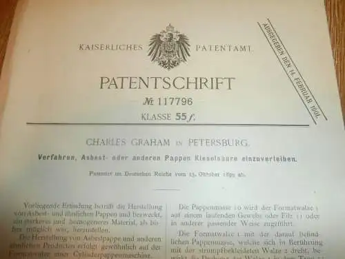 original Patent - Charles Graham in St. Petersburg / Russland , 13.10.1899 , Apparat für Asbest und Pappe !!