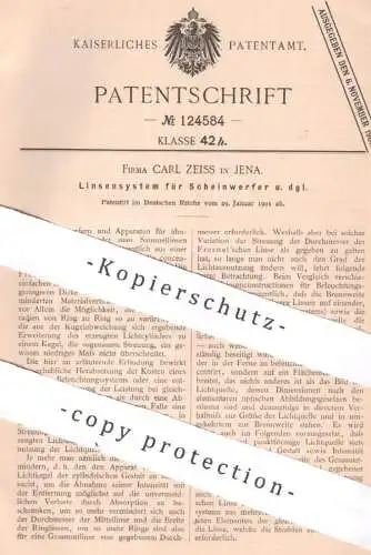 original Patent - Fa. Carl Zeiss , Jena | 1901 | Linsensystem für Scheinwerfer | Linse , Linsen , Lichtquelle | Fresnel