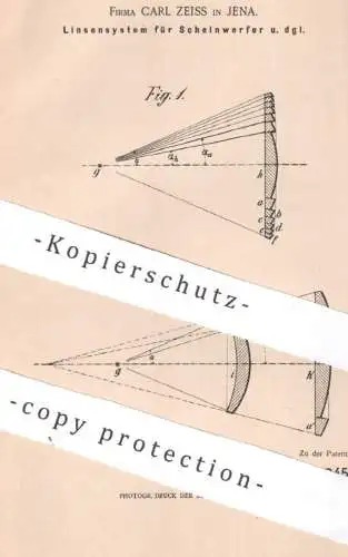 original Patent - Fa. Carl Zeiss , Jena | 1901 | Linsensystem für Scheinwerfer | Linse , Linsen , Lichtquelle | Fresnel