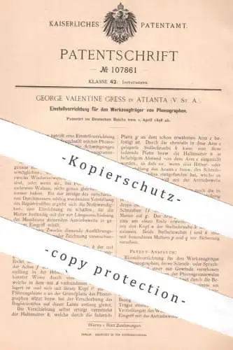 original Patent - George Valentine Gress , Atlanta , USA , 1898 , Werkzeugträger von Phonographen | Phonograph !!