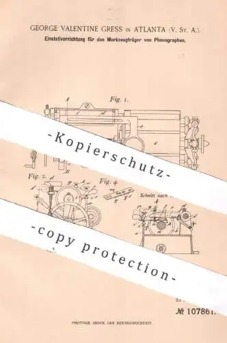 original Patent - George Valentine Gress , Atlanta , USA , 1898 , Werkzeugträger von Phonographen | Phonograph !!