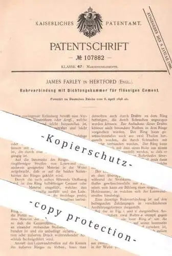 original Patent - James Farley , Hertford , England , 1898 , Rohrverbindung mit Dichtungskammer für Zement | Beton