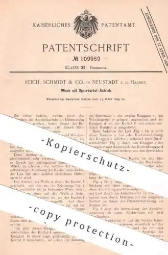 original Patent - Reich , Schmidt & Co. Neustadt / Haardt | 1899 | Winde mit Sperrkurbel - Antrieb | Hebewinde Seilwinde