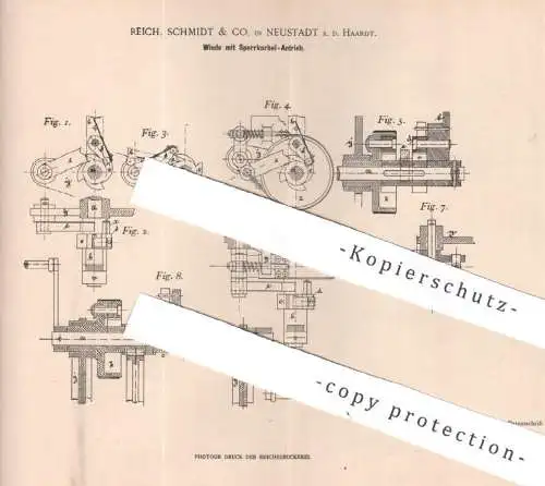 original Patent - Reich , Schmidt & Co. Neustadt / Haardt | 1899 | Winde mit Sperrkurbel - Antrieb | Hebewinde Seilwinde