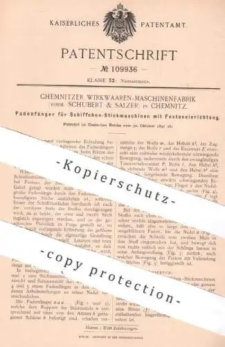 original Patent - Chemnitzer Wirkwaren Maschinenfabrik | Schubert & Salzer Chemnitz | 1897 | Stickmaschinen Fadenfänger