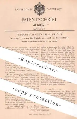 original Patent - Albrecht Schoeneweiss , Iserlohn , 1900 , Schleifvorrichtung für Nadeln | Nadel Schleifen Schleifstein