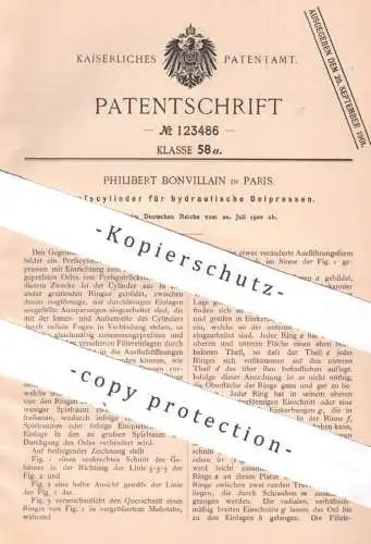 original Patent - Philibert Bonvillain , Paris , Frankreich , 1900 , Presszylinder für hydraulische Ölpresse | Öl Presse