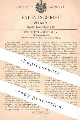 original Patent - Carl Ruppel , Höchst / Main , 1906 , Niederschraubventil | Ventil , Ventile , Klempner , Wasserleitung