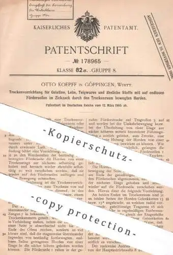 original Patent - Otto Koepff , Göppingen | 1905 | Trockenvorrichtung f. Gelatine , Leim , Teigwaren | Trocknung Gebläse