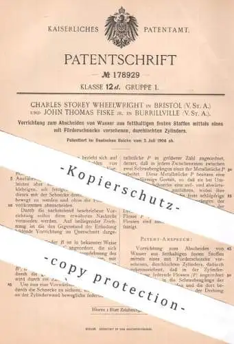 original Patent - Ch. Storey Wheelwright , Bristol | John Thomas Fiske , Burrillville USA | Wasser aus Fett - Abscheider