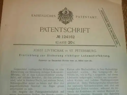 original Patent - Josef Livtschak in St. Petersburg , 21.03.1900 , Sicherung für Lokführer , Lokomotive , Russland !