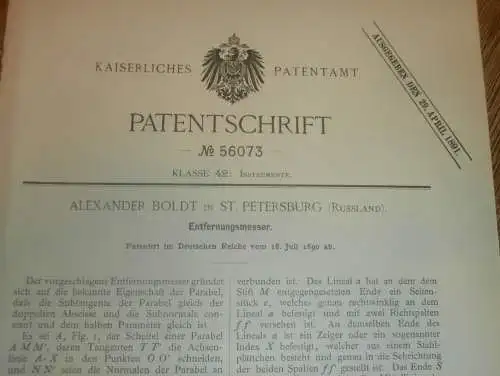 original Patent - Alexander Boldt in St. Petersburg , 18.07.1890 , Entfernungsmesser , Russland !