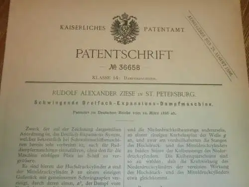 original Patent - Rudolf Alexander Ziese in St. Petersburg , 12.03.1886 , Dreifach-Expansions-Dampfmaschine , Russland !