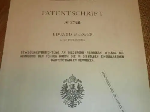 original Patent - Eduard Berger in St. Petersburg , 12.01.1878 , Dampfkessel , Dampfmaschine , Russland !!