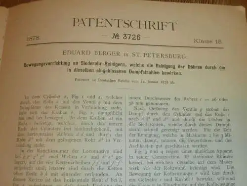 original Patent - Eduard Berger in St. Petersburg , 12.01.1878 , Dampfkessel , Dampfmaschine , Russland !!