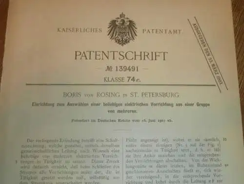 original Patent - Boris von Rosing in St. Petersburg , 28.06.1901 , elektrischer Stromapparat , Elektrik , Russland !!