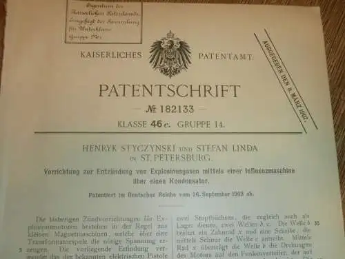 original Patent - Henryk Styczynski und Stefan Linda in St. Petersburg ,  26.09.1903 , Influenzmaschine , Russland !!