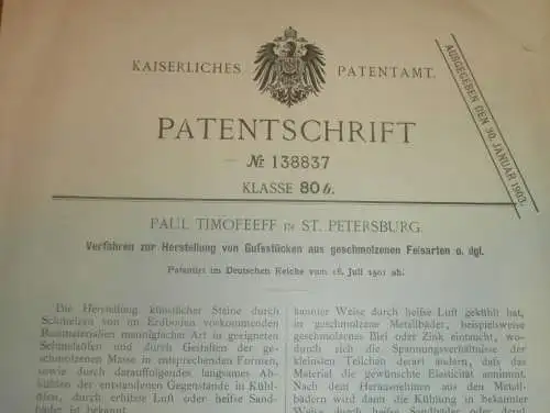 original Patent - Paul Timoteeff in St. Petersburg , 16.07.1901 , Gußstücke aus geschmolzenem Felsen , Russland !!