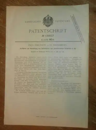 original Patent - Paul Timoteeff in St. Petersburg , 16.07.1901 , Gußstücke aus geschmolzenem Felsen , Russland !!